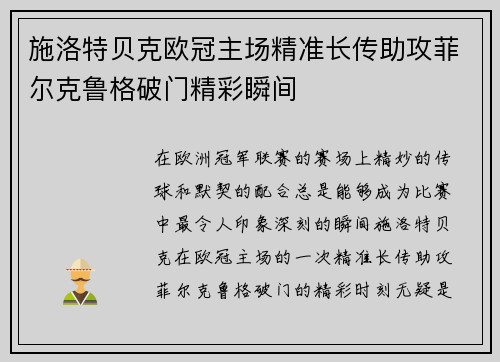 施洛特贝克欧冠主场精准长传助攻菲尔克鲁格破门精彩瞬间